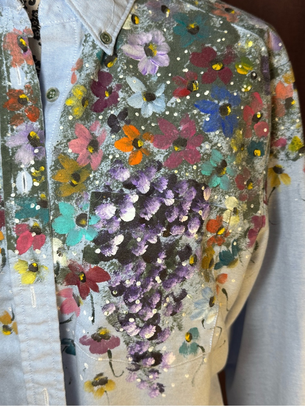 Vintage Hand Painted Floral Button-Up Light Blue Shirt size 12 (Large) - Picture 2 of 8